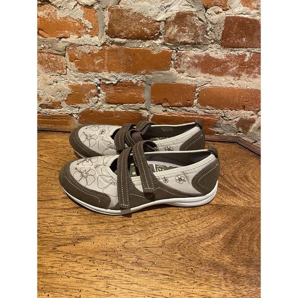 Easy Spirit Attilas Shoe Womens 9 Brown Leather Fabric Floral Adj Strap Slip On - Picture 2 of 5